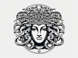 Medusa Greek Tattoo - Celebrate Greek culture and mythology with a Medusa tattoo that incorporates elements of Greek art and symbolism.  simple vector color tattoo,minimal,white background