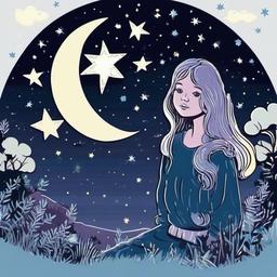 night sky  with girl  , vector illustration, clipart