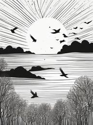 drawing of a sun in the sky with birds  minimal rough sketch scribbles,doodles,black and white