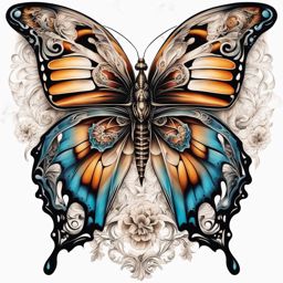 Skeleton butterfly tattoo, A unique and artistic combination of a butterfly and skeletal elements in tattoo art.  viviid colors, white background, tattoo design