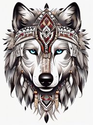 Wolf and Indian Tattoo,tattoo showcasing both a wolf and indigenous motifs, fusion of cultures. , color tattoo design, white clean background