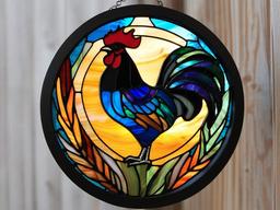 Stained Glass Rooster - Proud rooster in colorful feathers  