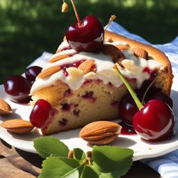 cherry almond cake with almond glaze, relished at a sunny orchard picnic. 