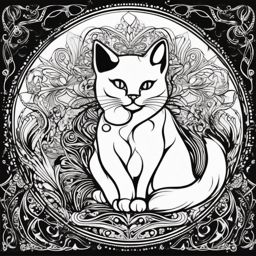 Nocturnal embrace of feline charm in an abstract cat moonlight ink: Tattooed magic.  black white outline tattoo, white background