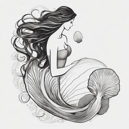 drawing of a mermaid with a seashell  minimal rough sketch scribbles,doodles,black and white