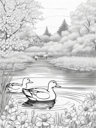 spring coloring pages - a family of ducks swims in a tranquil pond surrounded by spring blossoms. 