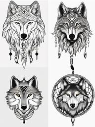 Dream Catcher Tattoo Wolf - Tattoo combining a dream catcher with wolf motifs.  simple vector tattoo,minimalist,white background