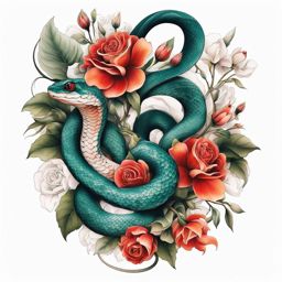 Snake with flowers tattoo, Artistic tattoos featuring both snakes and flowers. colors, tattoo patterns, clean white background