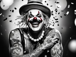 Laughing clown with confetti tattoo: Celebratory, exuding happiness and revelry.  black and white tattoo style