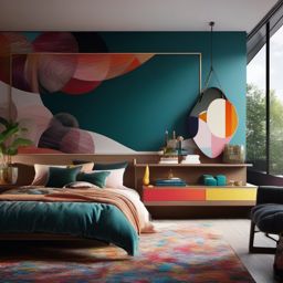 Elegant Artistic Bedroom - Create a bedroom that doubles as an artistic and creative space. , bedroom interior decor design ideas, multicoloured, photo realistic, hyper detail, high resolution,