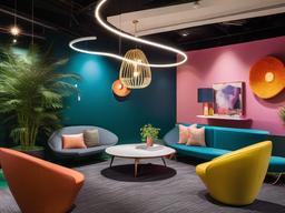 In the office break room, cosmic chic interior design includes bright furniture, playful decor, and ambient lighting that encourages relaxation and socialization among employees.  