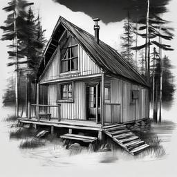 drawing of cabin  minimal rough scribbles,doodles,black and white