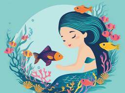 Mermaid clipart - mermaid swimming with colorful fish  color,minimalist,vector clipart