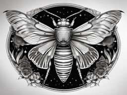 Cicada with celestial elements tattoo: Celestial connection etched gracefully in art.  black white tattoo, white background