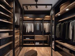 In the walk-in closet, Post-Apocalyptic interior design includes a blend of salvaged materials, rugged decor, and a unique layout that creates a stylish yet functional dressing area.  