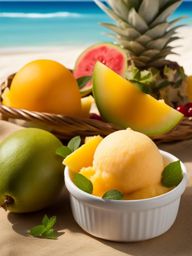 tropical fruit sorbet, a refreshing treat, savored on a sun-drenched caribbean beach. 