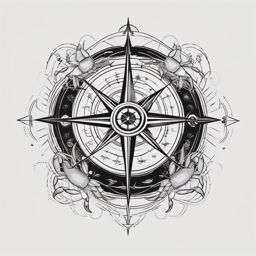 Crab and compass rose design. Navigating the intricate emotions.  minimalist black white tattoo style