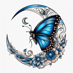 Blue butterfly on a crescent moon tattoo. Nocturnal celestial charm.  color tattoo, white background