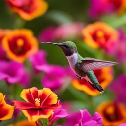 tiny baby hummingbird sipping nectar from vibrant flowers. 