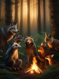 In an enchanted forest, a group of animals gathers to tell stories around a magical bonfire. stunning detail,intricate details,Lighting f/2.0