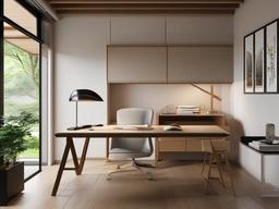 The home office exemplifies Japanese Zen interior design, featuring a simple desk, ample natural light, and minimalist decor that fosters focus and productivity.  