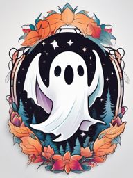 Ghost Tattoo-Playful and friendly ghost tattoo with a touch of whimsy, capturing the lighter side of the supernatural. Colored tattoo designs, minimalist, white background.  color tattoo, minimal white background