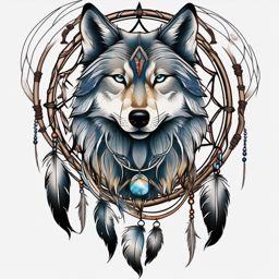 Wolf Dreamcatcher Tattoo,dreamcatcher entwined with a wolf, symbol of protection and warding off nightmares. , color tattoo design, white clean background