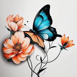 butterfly flower tattoo drawing  simple color tattoo,white background,minimal