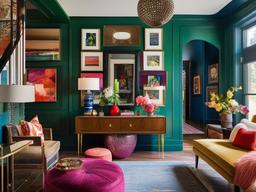 In the entryway, maximalist interior design showcases a striking gallery wall, vibrant furnishings, and eye-catching accessories that provide a warm and energetic welcome to guests.  