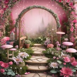 Magical Fairy Garden with Flowers Pink Background intricate details, patterns, wallpaper photo