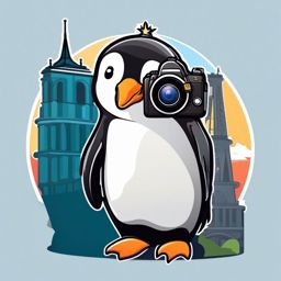 Penguin Tourist Sticker - A penguin tourist with a camera exploring famous landmarks. ,vector color sticker art,minimal