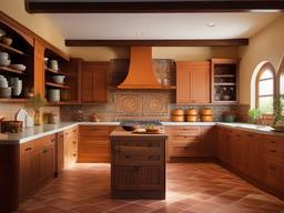 Mediterranean kitchen features terracotta tiles, colorful backsplash, and wooden accents that create a relaxed and inviting cooking space.  