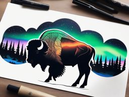 Bison under the northern lights tattoo. Celestial wilderness.  minimal color tattoo design