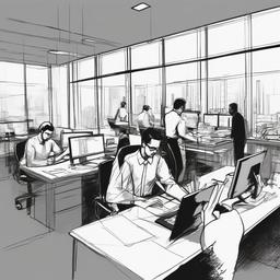 drawing of humans working in an office  minimal rough sketch scribbles,doodles,black and white