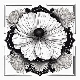 Black and white Poppy, Daisy, chrysanthemum bouqet ,tattoo design, white background