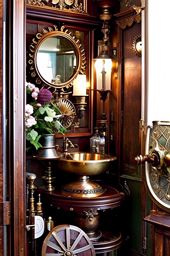 steampunk-inspired bathroom with antique brass fixtures and cogwheel decor. 