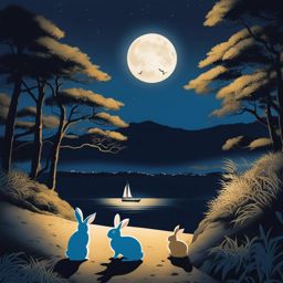 okunoshima island - illustrate the tranquil night on okunoshima island, also known as rabbit island, with fluffy bunnies under the moonlight. 