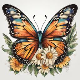 Daisy Butterfly Tattoo-Celebration of the beauty of nature with a daisy butterfly tattoo, capturing the essence of transformation and elegance.  simple vector color tattoo