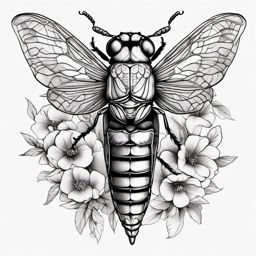 Cicada with floral details ink: Blooms of delicate beauty surrounding the insect.  black white tattoo, white background