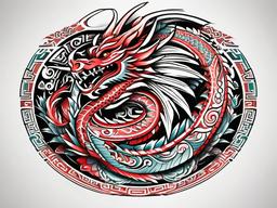 Dragon Aztec Tattoo - Aztec-inspired dragon tattoos, blending two distinct cultural elements.  simple color tattoo,minimalist,white background