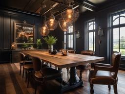 The dining room embodies steampunk interior design with a large wooden table, mismatched chairs, and industrial lighting fixtures that make every meal feel like a grand occasion.  