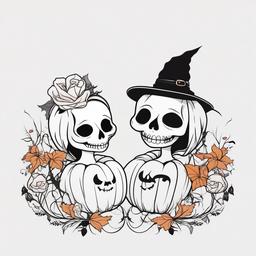 Halloween Couple Tattoo - Tattoo designed for couples with a Halloween theme.  simple color tattoo,minimalist,white background