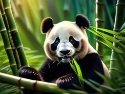 Cute Panda Munching Bamboo in a Bamboo Grove 8k, cinematic, vivid colors