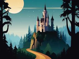 Castle at the edge of a dark forest clipart.  vector style illustration, white background