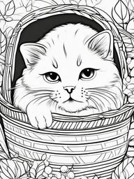 Cat in a Basket Coloring Pages - Cozy Cat Snuggled in a Basket  minimal black outline printable sheet, coloring page