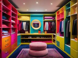 In the walk-in closet, Pop Art interior design includes a vibrant mix of clothing, bold lighting, and eclectic decor that create a stylish and visually stimulating dressing area.  