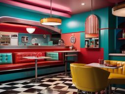 Retro Diner Revival - Transform your living room into a retro diner-inspired space. , living room decor ideas, multicoloured, photo realistic, hyper detail, high resolution,