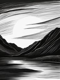 drawing of a fiery sunset  minimal rough sketch scribbles,doodles,black and white