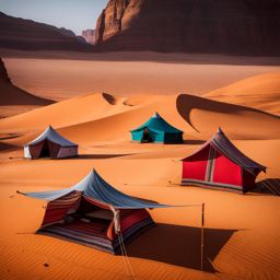 bedouin desert tents, with colorful textiles, dot the dunes of wadi rum, jordan. 