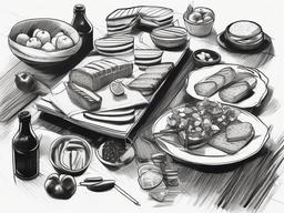 drawing of a picnic spread  minimal rough sketch scribbles,doodles,black and white